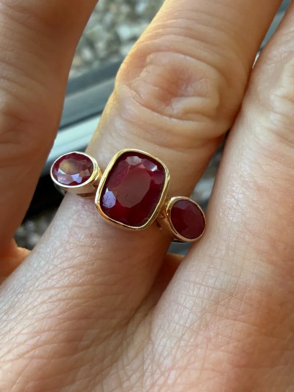 NIB 3.30 ct. Ruby Three-Stone Ring in 18kt Gold Over Sterling - 5 - 5.25